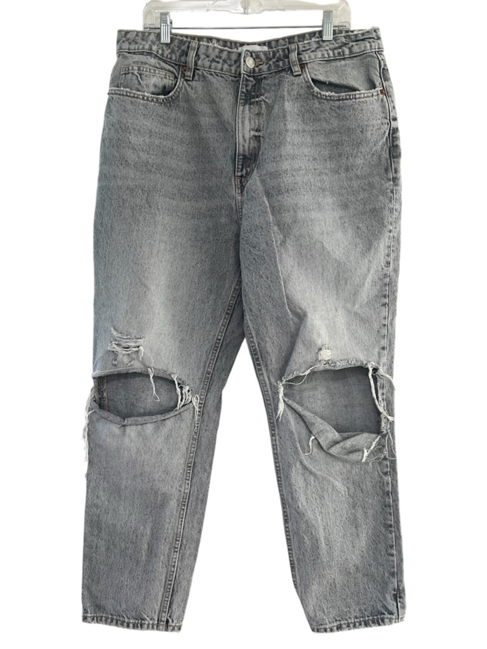Zara Mom High-Rise Distressed Gray Ripped Jeans